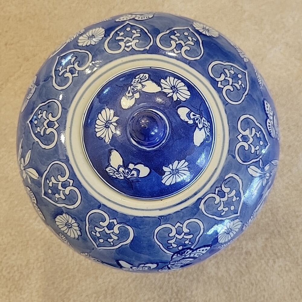 Vintage Chinese Chinoiserie Porcelain Melon Ginger Jar Blue & White Lidded 14x9”